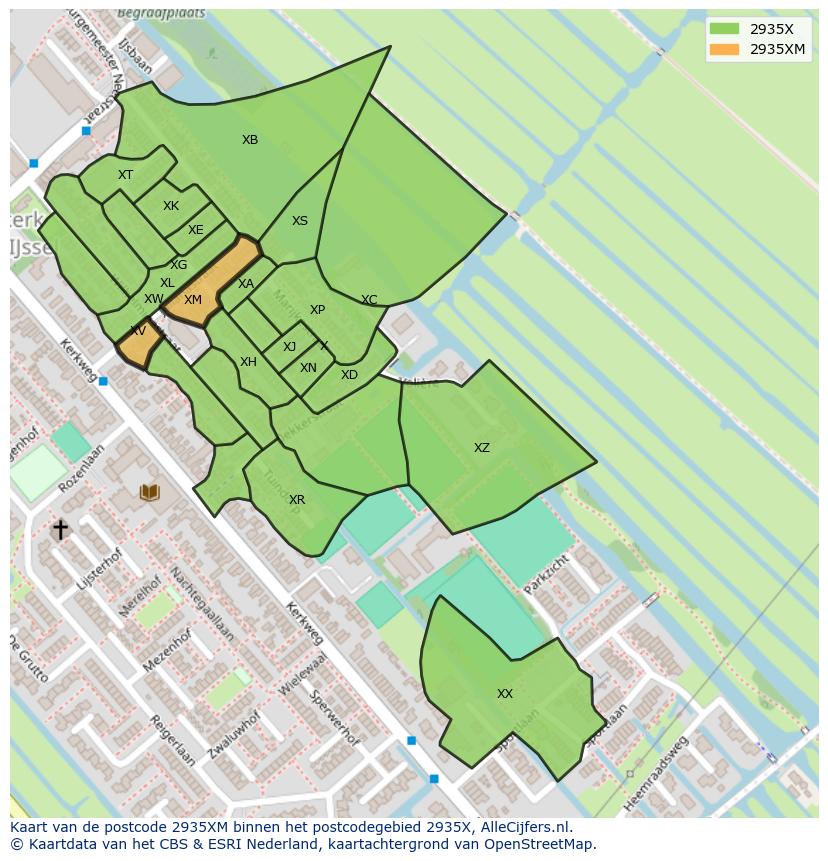 Afbeelding van het postcodegebied 2935 XM op de kaart.