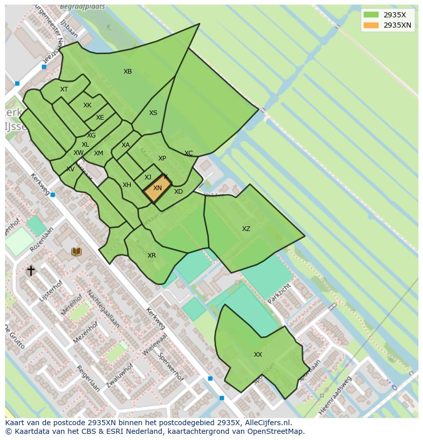 Afbeelding van het postcodegebied 2935 XN op de kaart.