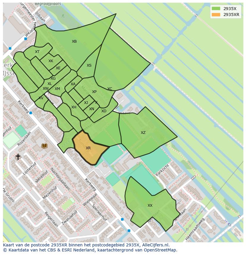 Afbeelding van het postcodegebied 2935 XR op de kaart.