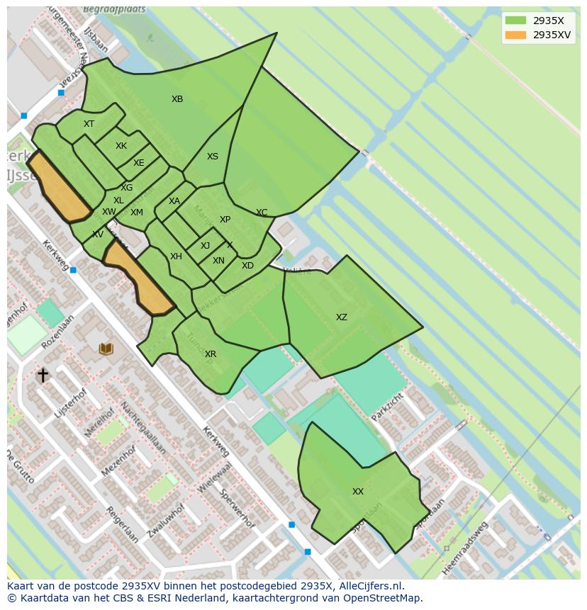 Afbeelding van het postcodegebied 2935 XV op de kaart.