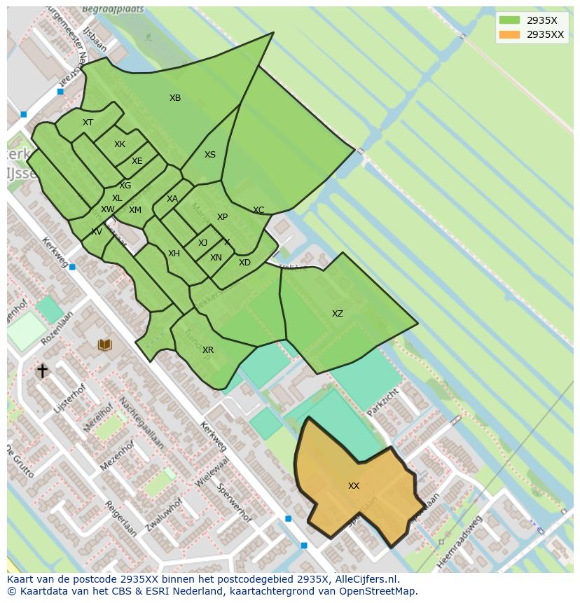 Afbeelding van het postcodegebied 2935 XX op de kaart.