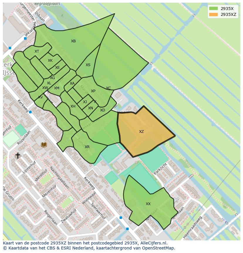Afbeelding van het postcodegebied 2935 XZ op de kaart.