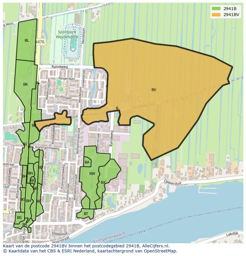 Afbeelding van het postcodegebied 2941 BV op de kaart.