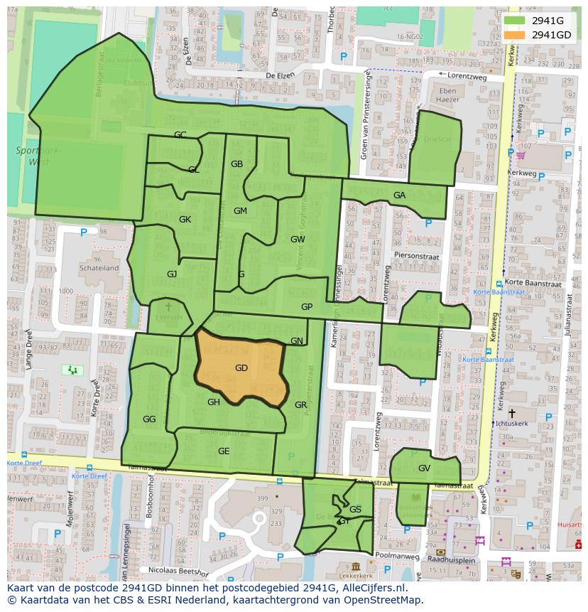 Afbeelding van het postcodegebied 2941 GD op de kaart.