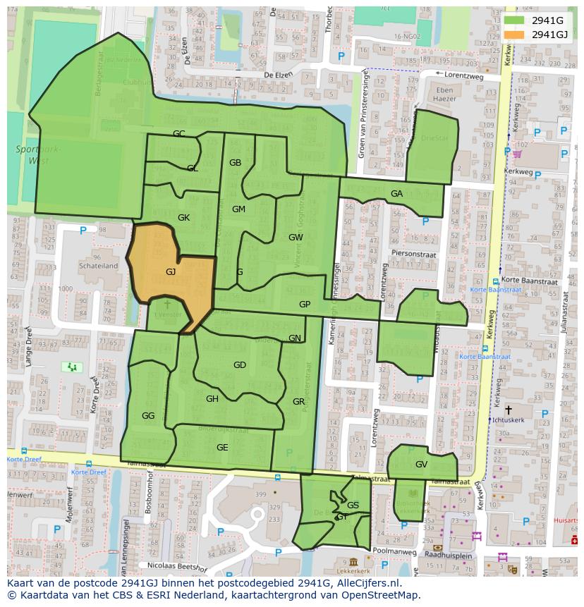 Afbeelding van het postcodegebied 2941 GJ op de kaart.