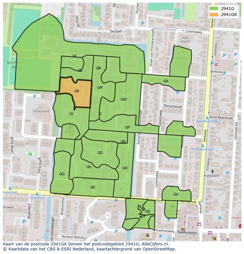 Afbeelding van het postcodegebied 2941 GK op de kaart.