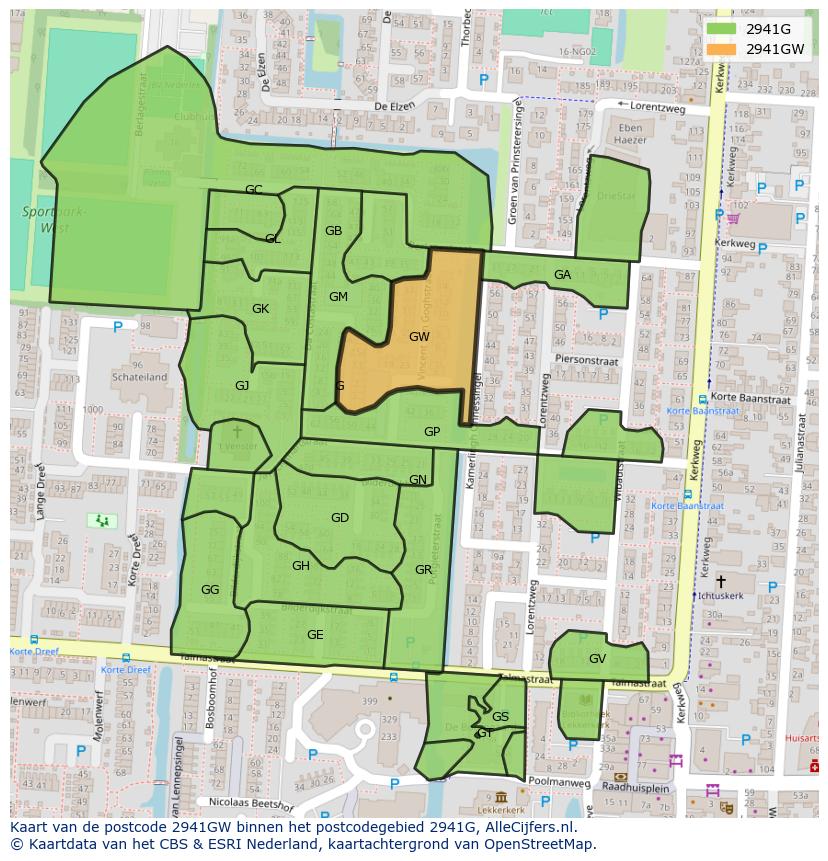 Afbeelding van het postcodegebied 2941 GW op de kaart.