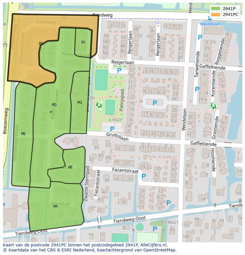 Afbeelding van het postcodegebied 2941 PC op de kaart.