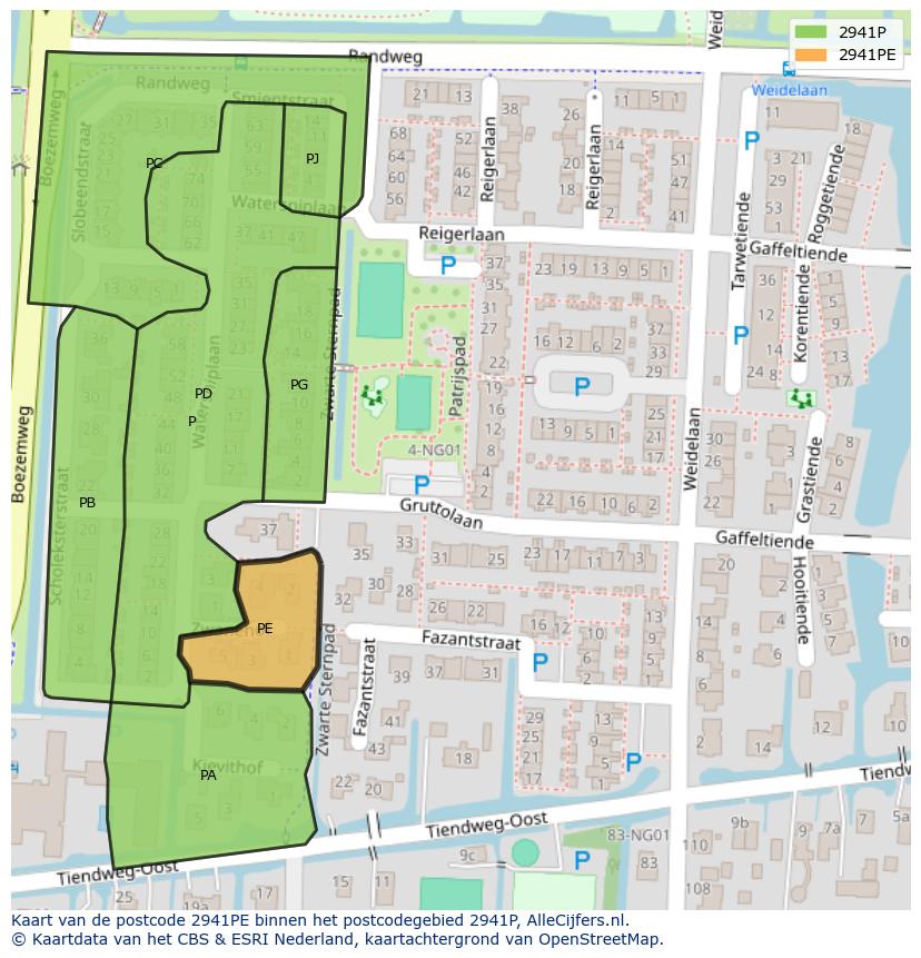 Afbeelding van het postcodegebied 2941 PE op de kaart.