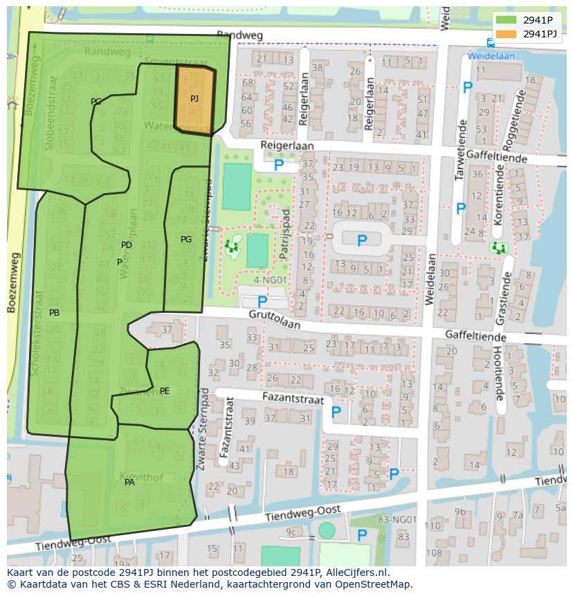 Afbeelding van het postcodegebied 2941 PJ op de kaart.