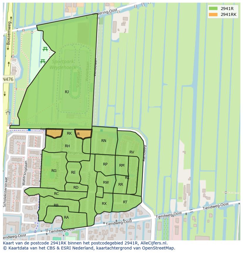 Afbeelding van het postcodegebied 2941 RK op de kaart.