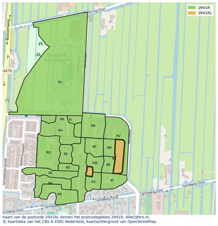 Afbeelding van het postcodegebied 2941 RL op de kaart.