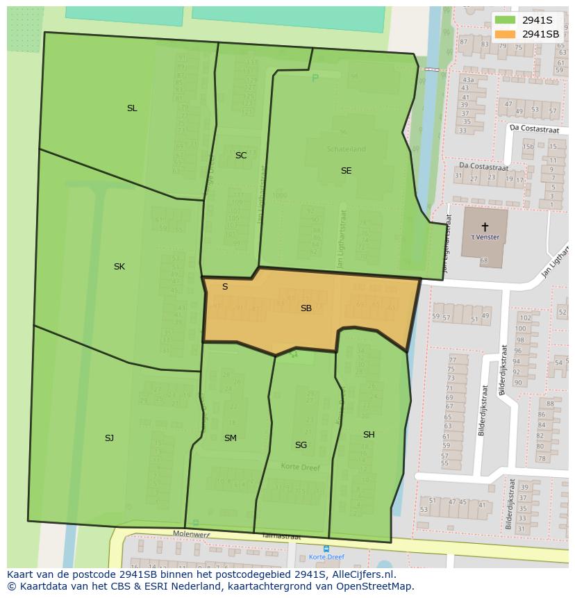 Afbeelding van het postcodegebied 2941 SB op de kaart.
