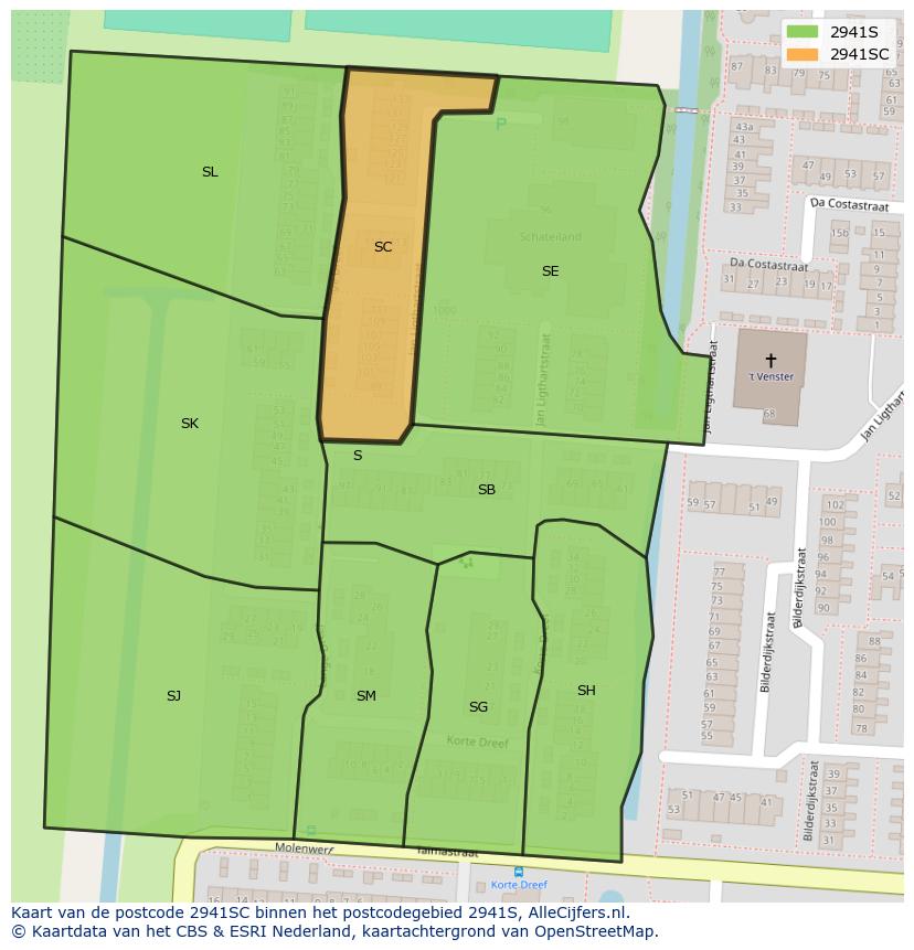 Afbeelding van het postcodegebied 2941 SC op de kaart.