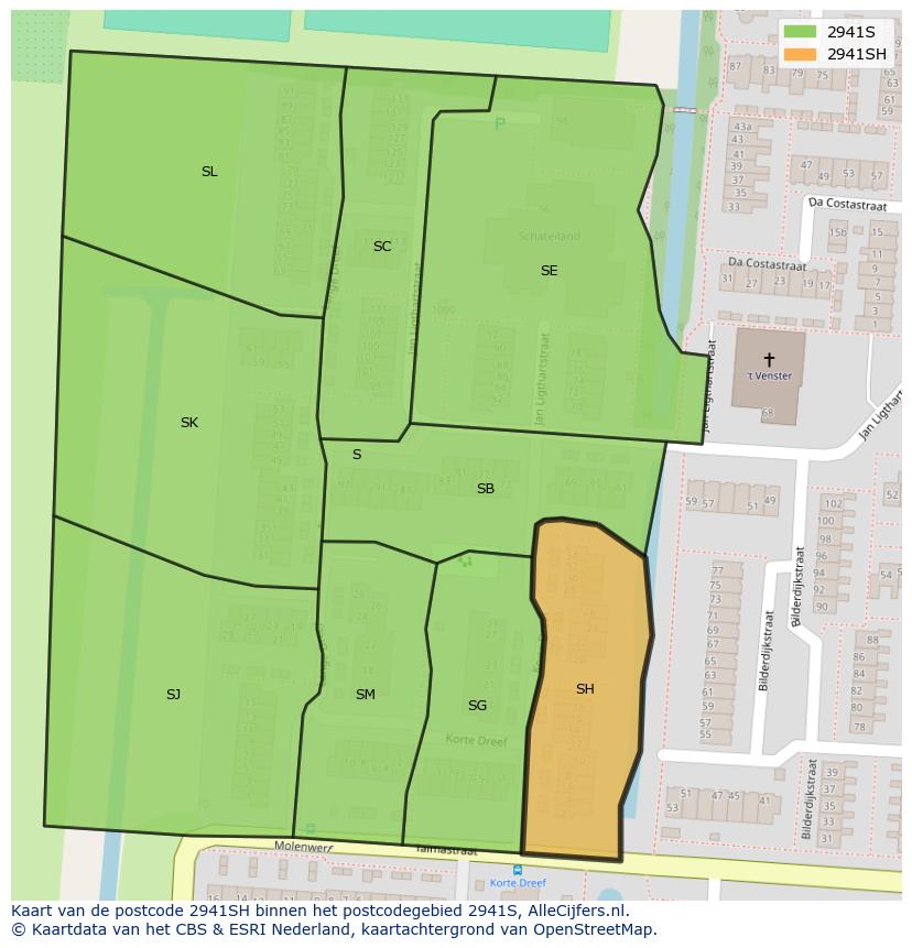 Afbeelding van het postcodegebied 2941 SH op de kaart.