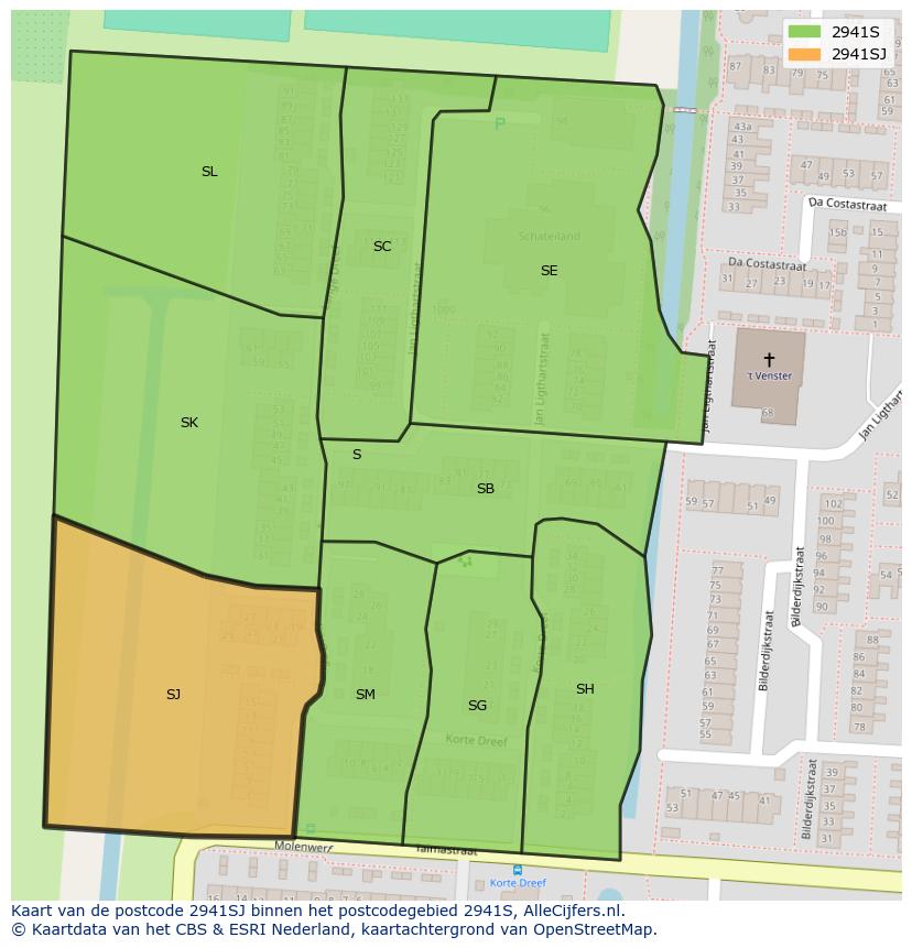 Afbeelding van het postcodegebied 2941 SJ op de kaart.