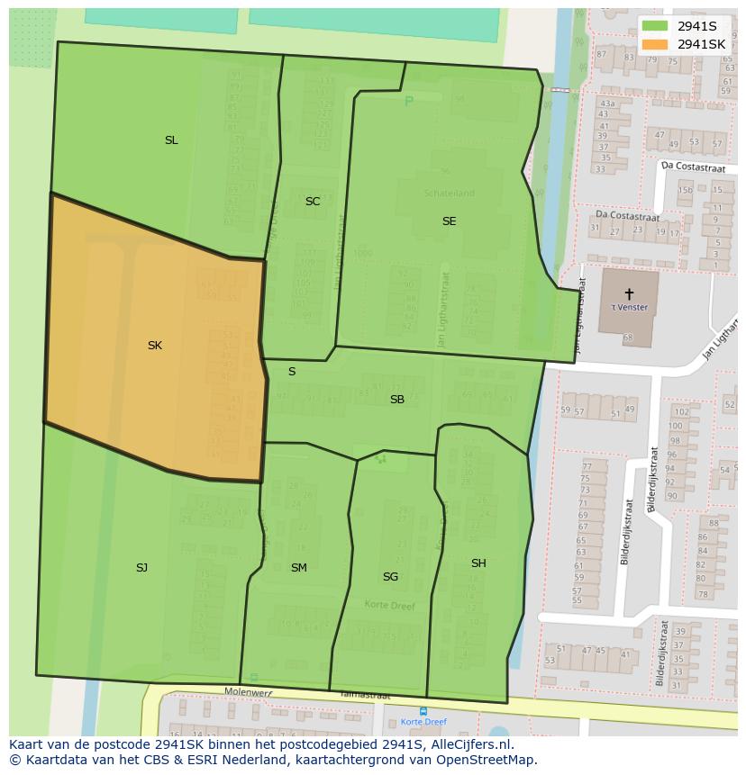 Afbeelding van het postcodegebied 2941 SK op de kaart.