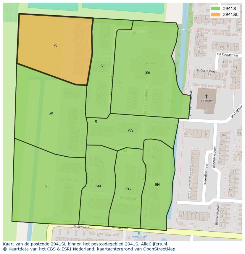 Afbeelding van het postcodegebied 2941 SL op de kaart.