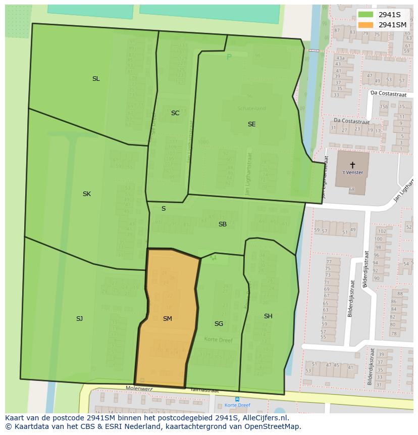 Afbeelding van het postcodegebied 2941 SM op de kaart.