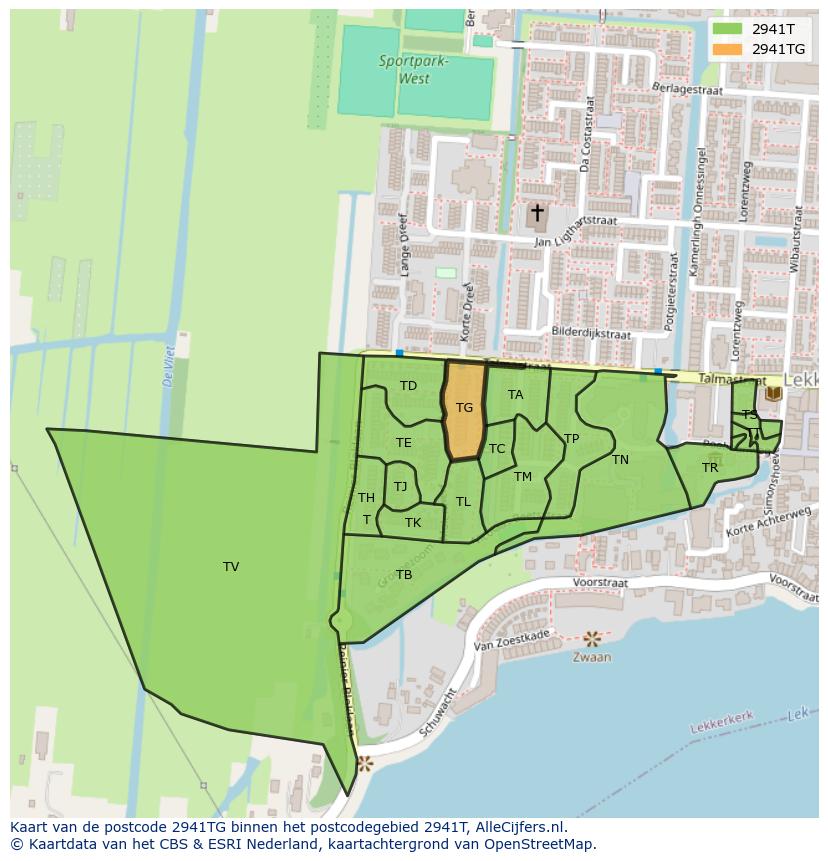 Afbeelding van het postcodegebied 2941 TG op de kaart.
