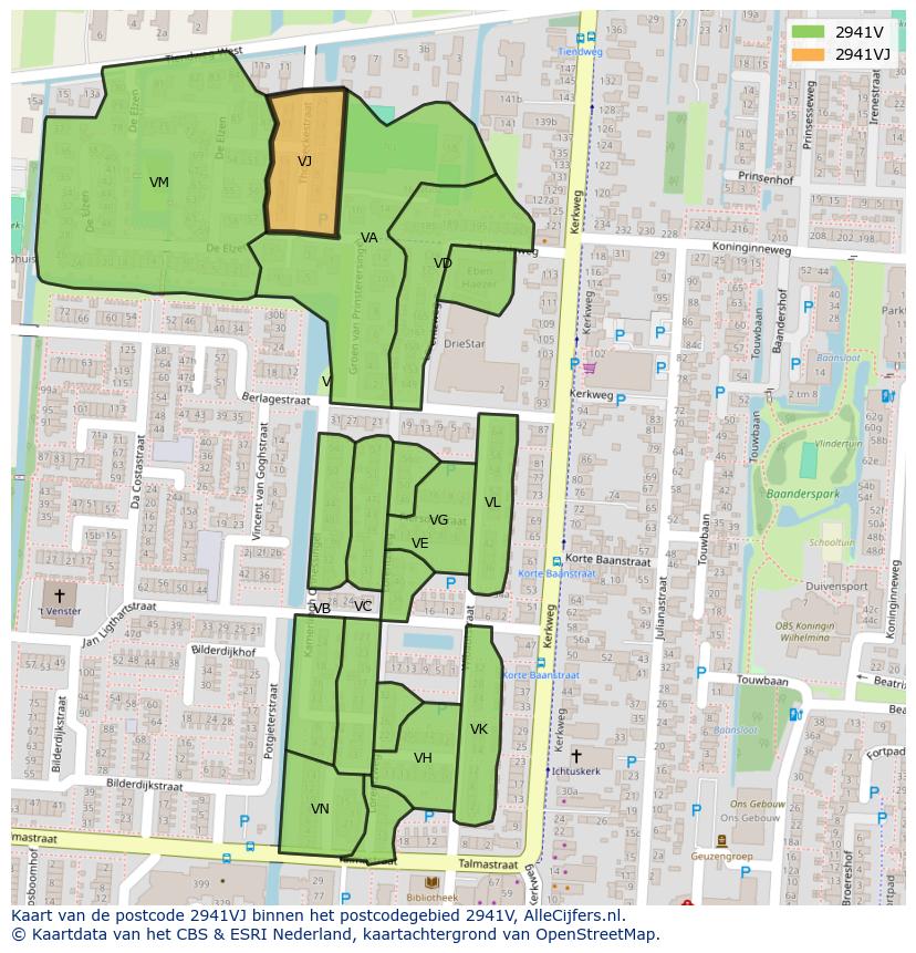 Afbeelding van het postcodegebied 2941 VJ op de kaart.