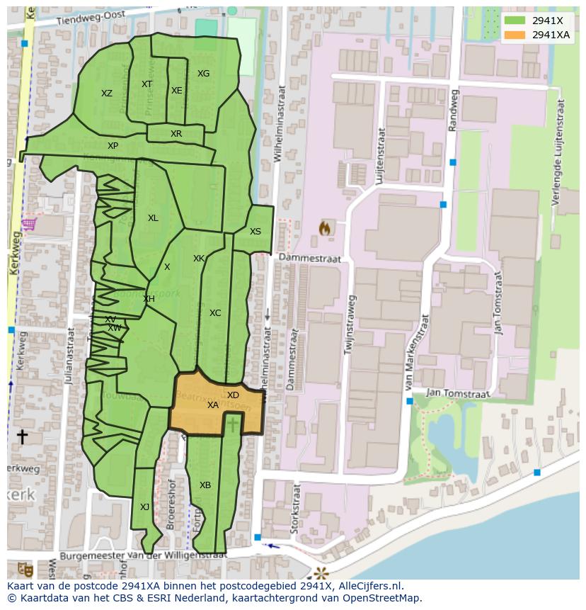 Afbeelding van het postcodegebied 2941 XA op de kaart.