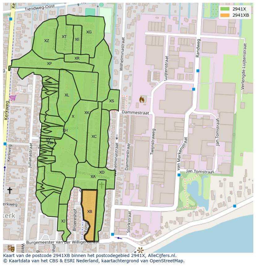 Afbeelding van het postcodegebied 2941 XB op de kaart.