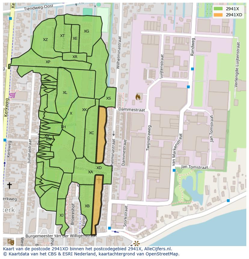Afbeelding van het postcodegebied 2941 XD op de kaart.