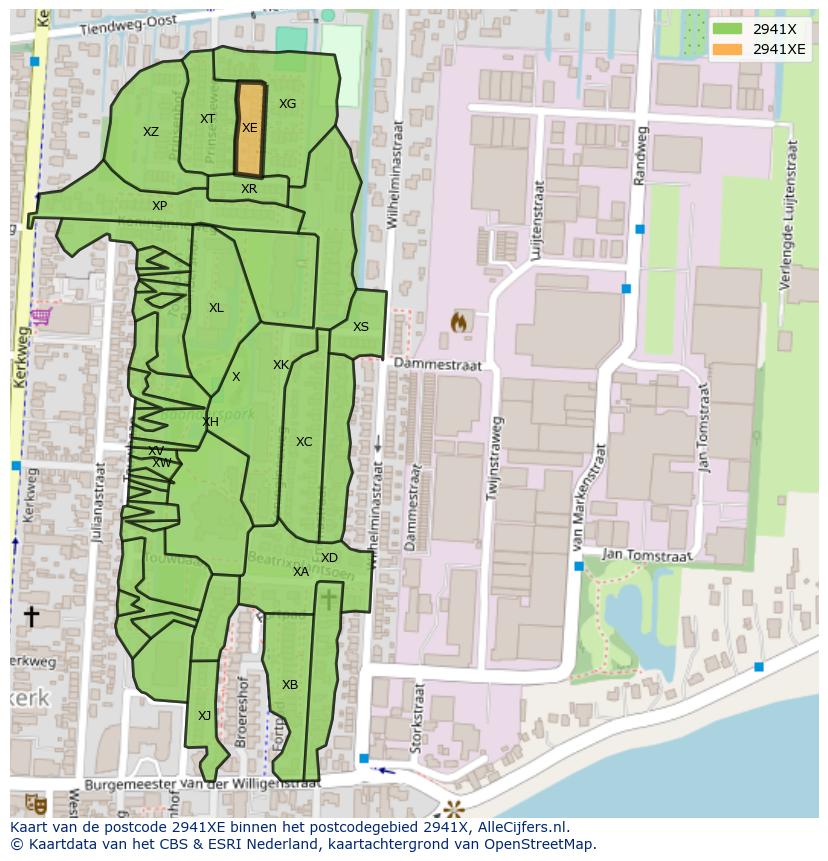 Afbeelding van het postcodegebied 2941 XE op de kaart.