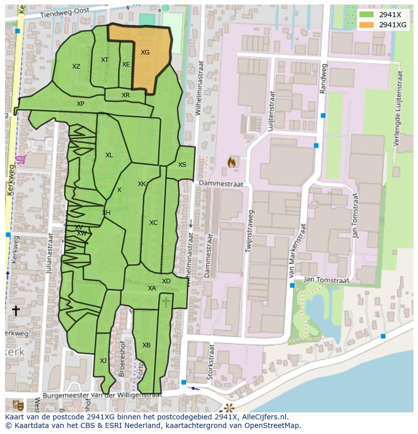 Afbeelding van het postcodegebied 2941 XG op de kaart.