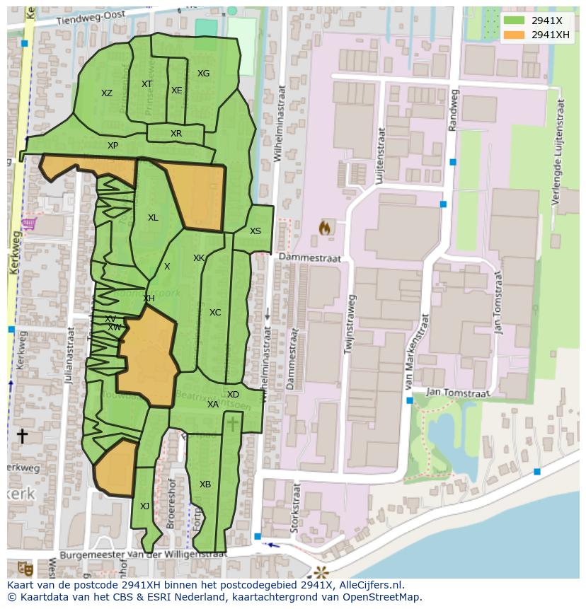 Afbeelding van het postcodegebied 2941 XH op de kaart.