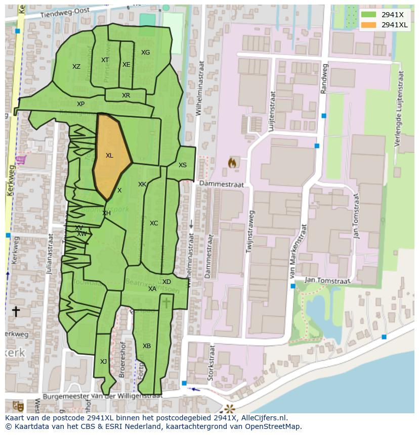 Afbeelding van het postcodegebied 2941 XL op de kaart.