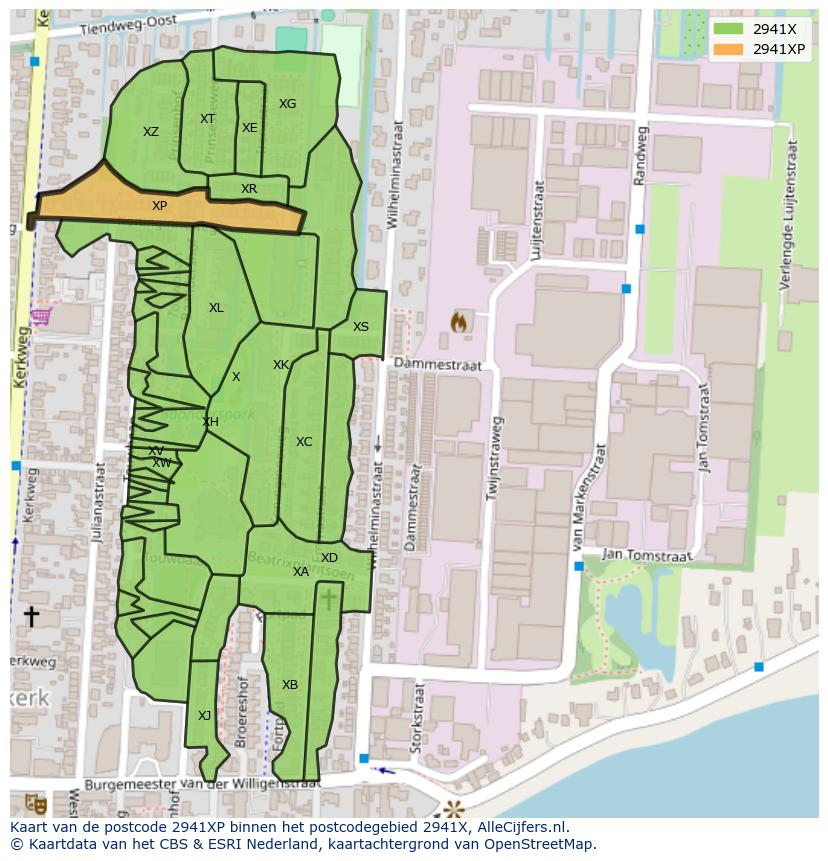 Afbeelding van het postcodegebied 2941 XP op de kaart.