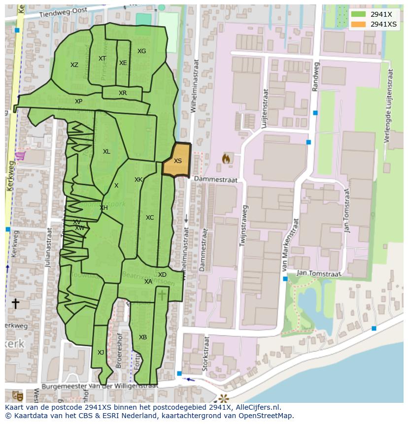 Afbeelding van het postcodegebied 2941 XS op de kaart.