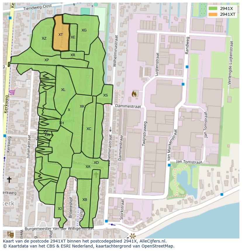 Afbeelding van het postcodegebied 2941 XT op de kaart.