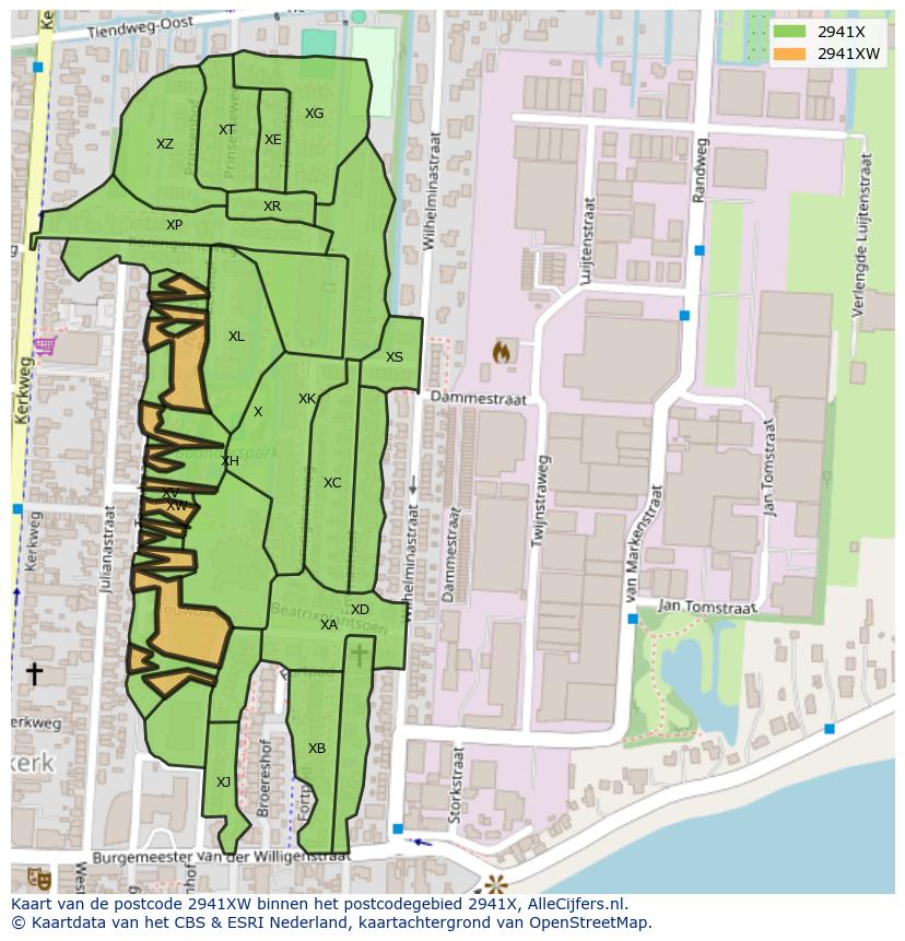 Afbeelding van het postcodegebied 2941 XW op de kaart.