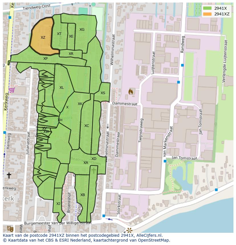 Afbeelding van het postcodegebied 2941 XZ op de kaart.