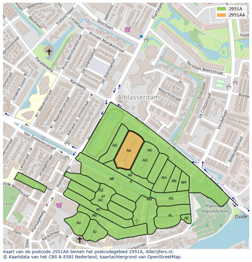 Afbeelding van het postcodegebied 2951 AA op de kaart.