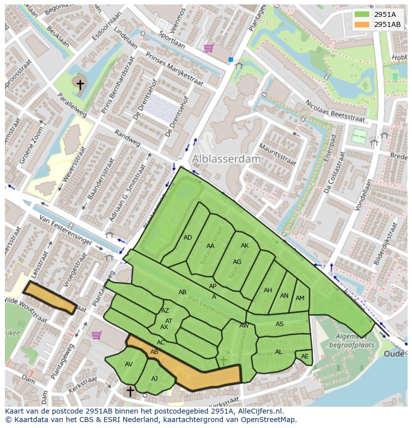 Afbeelding van het postcodegebied 2951 AB op de kaart.