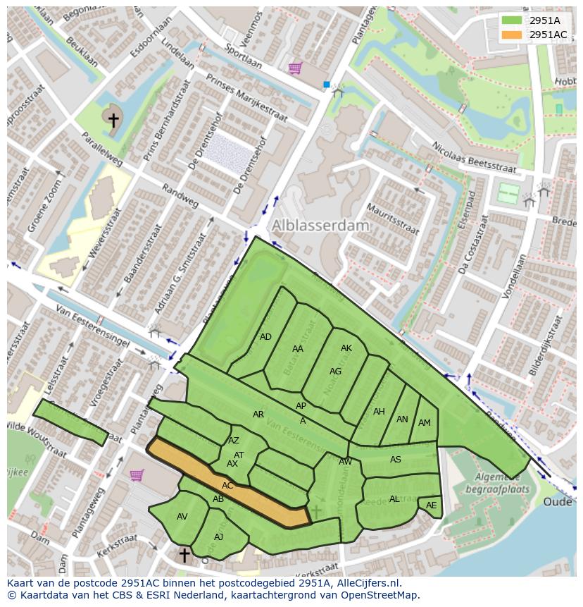 Afbeelding van het postcodegebied 2951 AC op de kaart.
