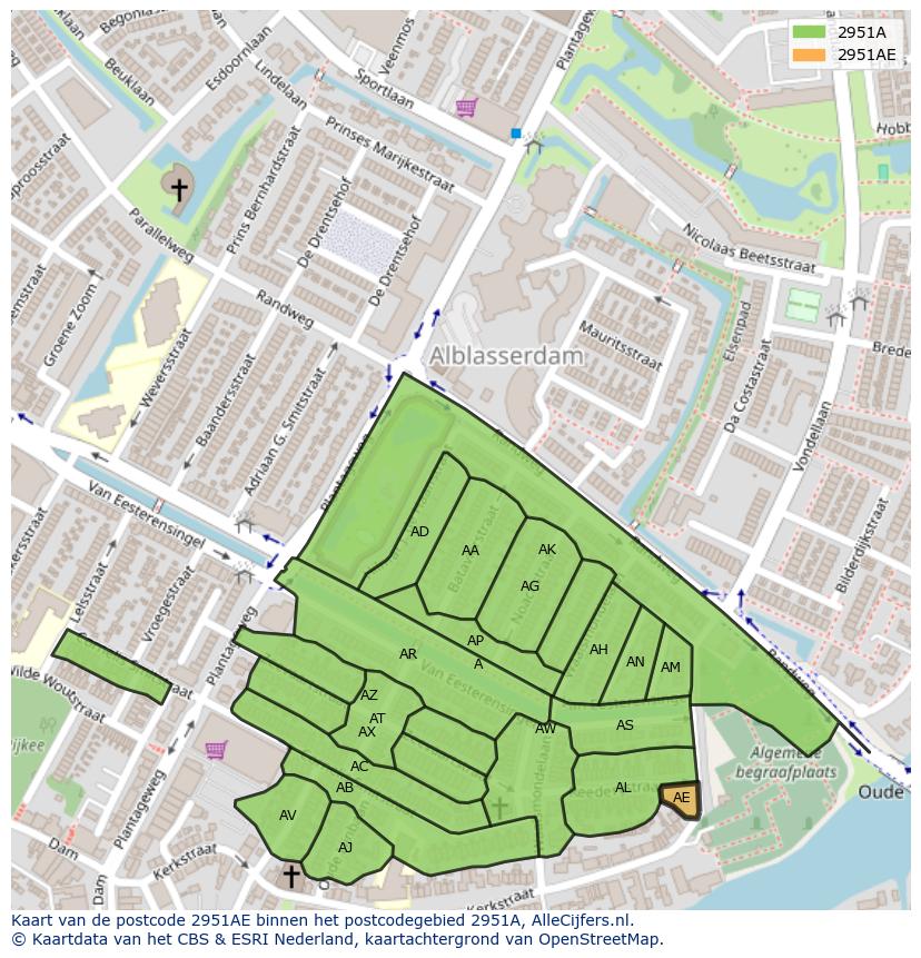 Afbeelding van het postcodegebied 2951 AE op de kaart.