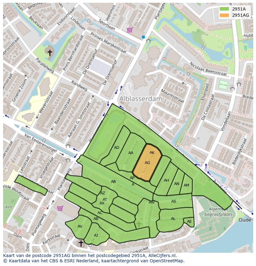 Afbeelding van het postcodegebied 2951 AG op de kaart.