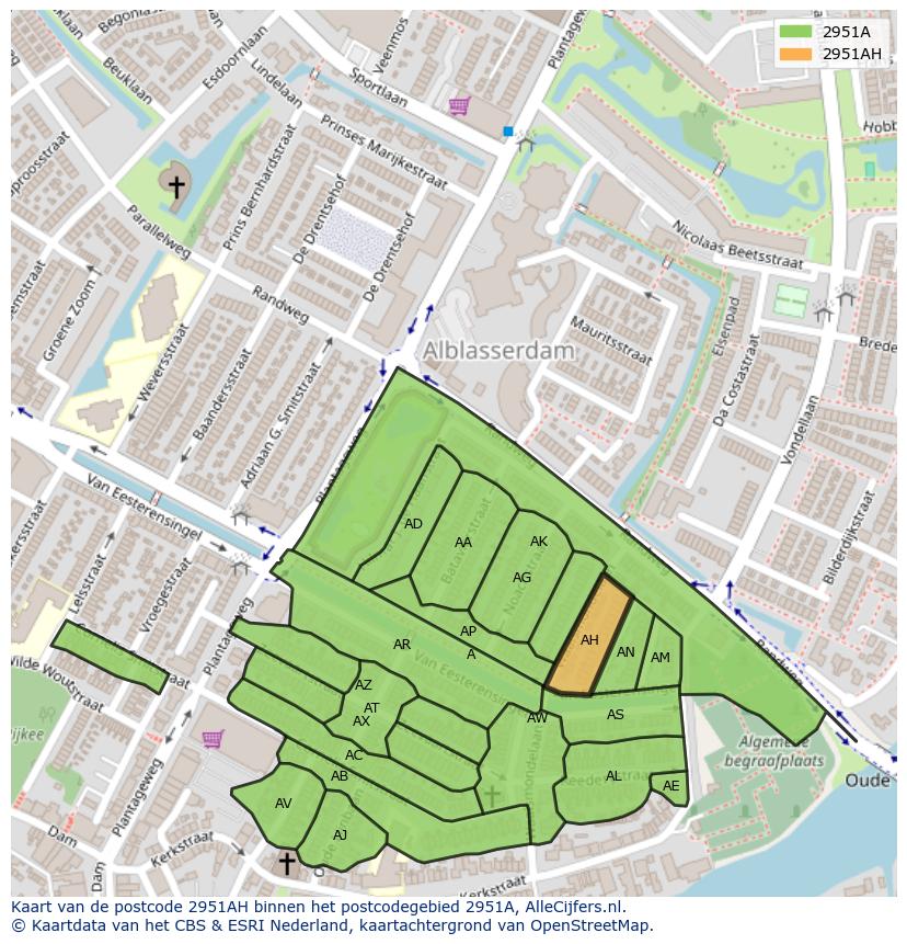 Afbeelding van het postcodegebied 2951 AH op de kaart.