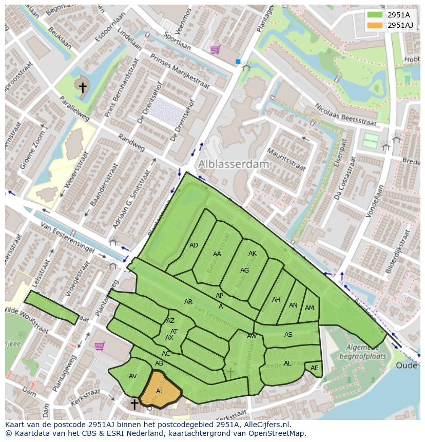 Afbeelding van het postcodegebied 2951 AJ op de kaart.
