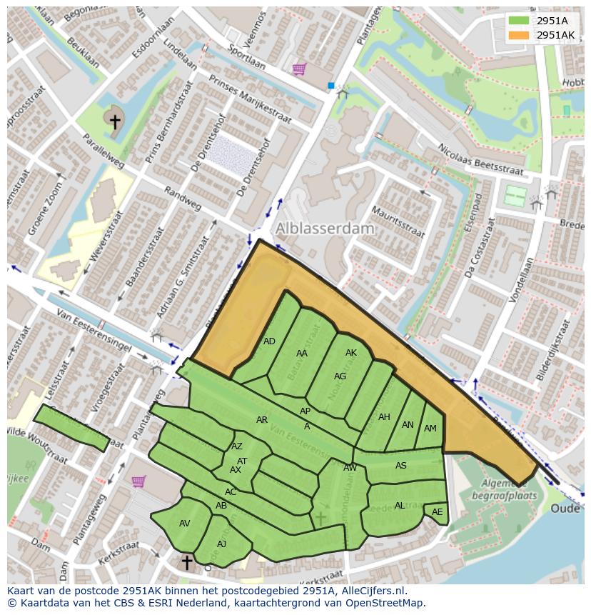 Afbeelding van het postcodegebied 2951 AK op de kaart.