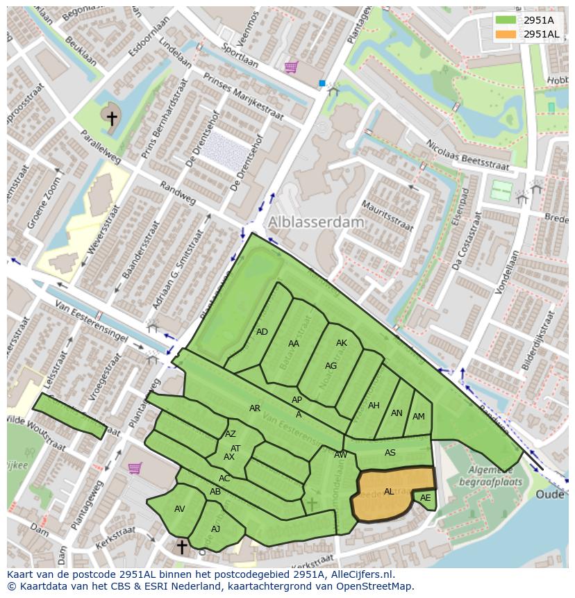 Afbeelding van het postcodegebied 2951 AL op de kaart.
