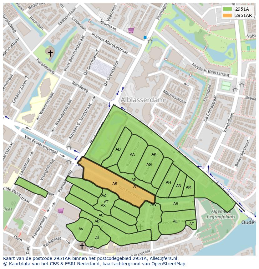 Afbeelding van het postcodegebied 2951 AR op de kaart.