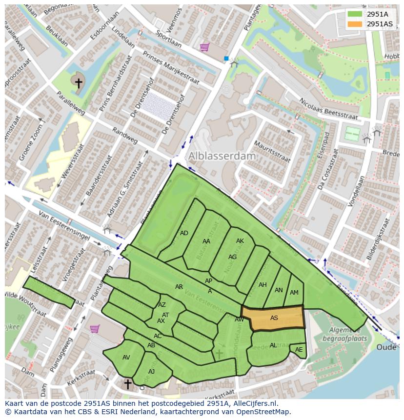 Afbeelding van het postcodegebied 2951 AS op de kaart.
