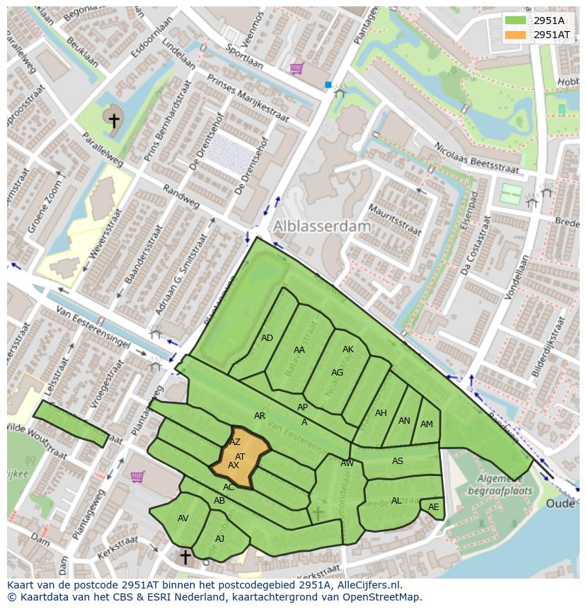 Afbeelding van het postcodegebied 2951 AT op de kaart.