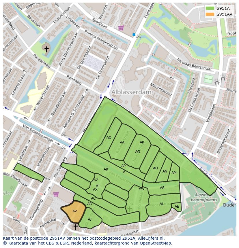 Afbeelding van het postcodegebied 2951 AV op de kaart.